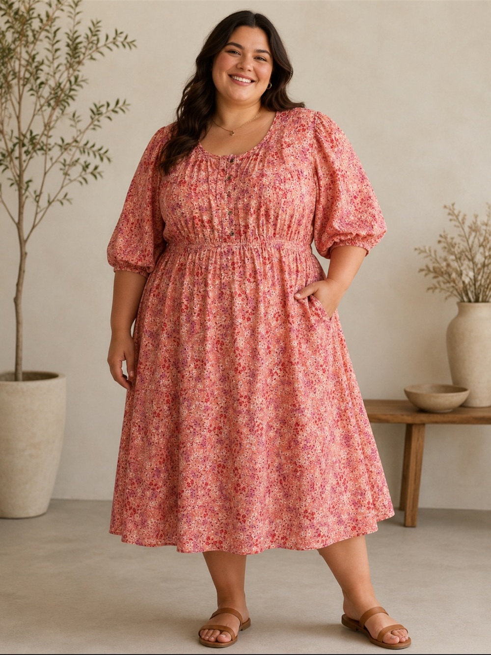Terra & Sky Rose-Pink Floral Puff Sleeve Midi Dress
